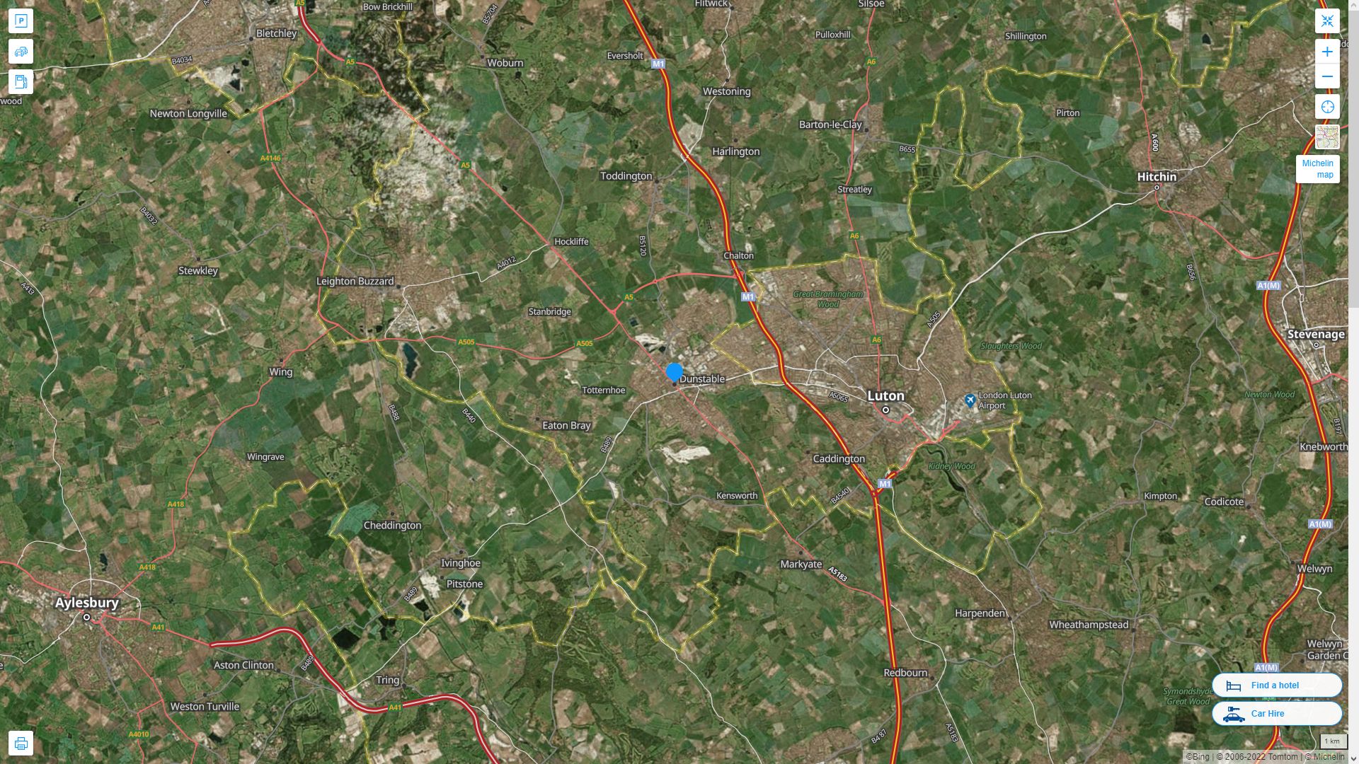 Dunstable Royaume Uni Autoroute et carte routiere avec vue satellite